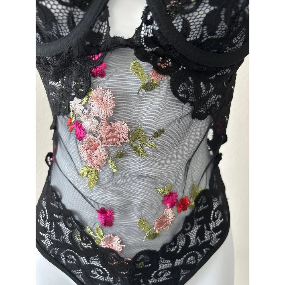 Y2K Bodysuit Small Sheer Lace Floral Embroidered Black Mesh Open Back Lingerie - Picture 8 of 16
